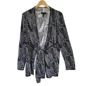 Dana Buchman Black White Leaf Print Tie Front Cardigan Sweater Womens Size M